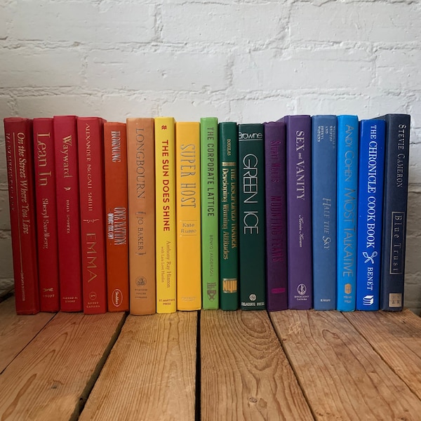 Rainbow book decor, decorative book stack, shelf staging, kids room decor, PRIDE, staging and prop books, books by colour, library decor