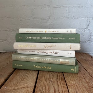 May include: A stack of books with green and white covers. The titles include "Civil Society and Fanaticism", "Third Time Around", "Drinking the Rain", "ETF Investment Strategies", and "Walking with Jack".