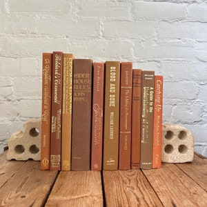 May include: A row of ten vintage paperback books with brown, orange, and red covers. The books are arranged in a bookshelf with a white brick wall in the background. The titles of the books include "Second Nature", "Cider House Rules", "Forever, Erma", "Blood and Bone", "The Making of a Peacemonger", "A Guide to the Understanding of Painting", and "Catching Up".