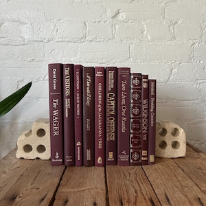 Pile de livres bordeaux, livres de décoration bordeaux, livres de stylisme d'accessoires, livres de table basse, mise en scène de design d'intérieur de manteau de bibliothèque aux canneberges