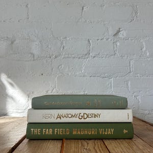 Green ivory book stack for staging, green home accents for bookshelf decor, off white sage aesthetic books for console and buffet decor image 2