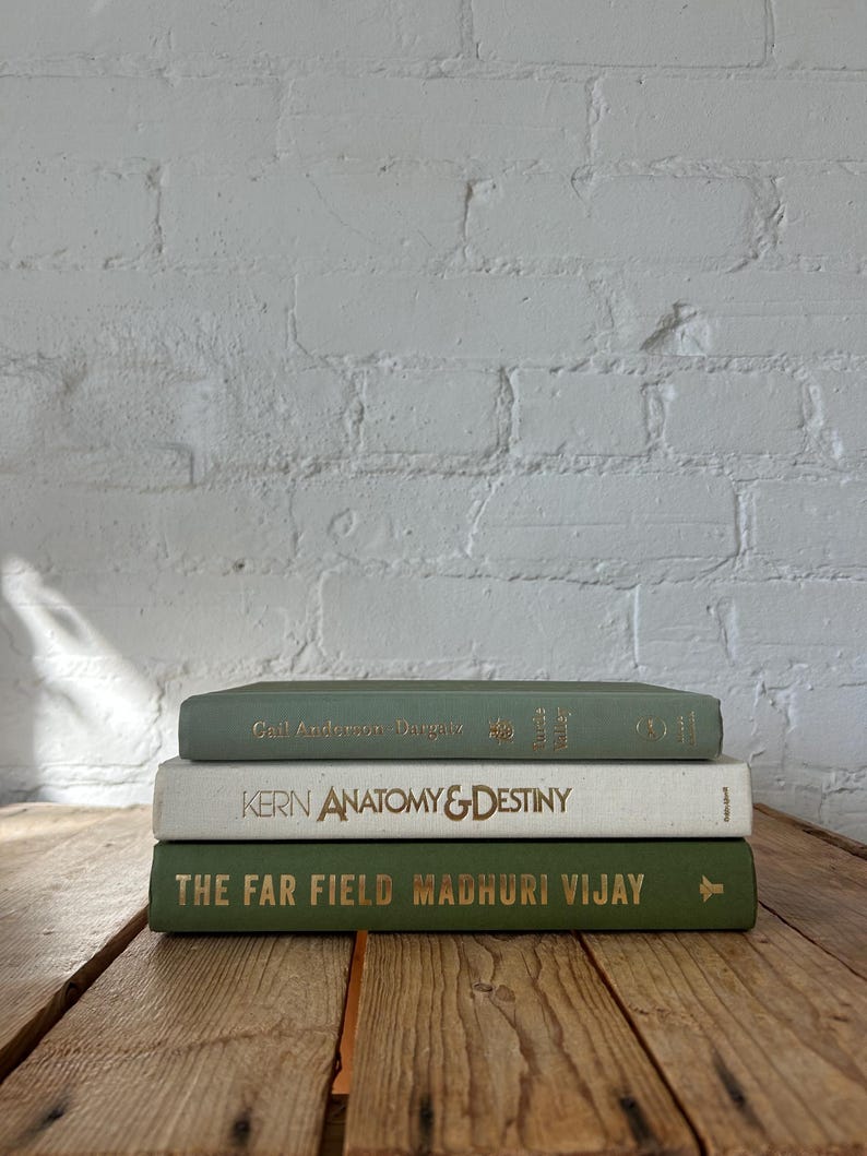 Green ivory book stack for staging, green home accents for bookshelf decor, off white sage aesthetic books for console and buffet decor image 2