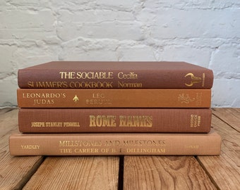 Rust book stack, boho bookshelf decor, terracotta stacked books, brick decorative book stack, prop staging books, tan books for decorating
