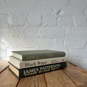 Green ivory book stack for staging, green home accents for bookshelf decor, off white sage aesthetic books for console and buffet decor image 9