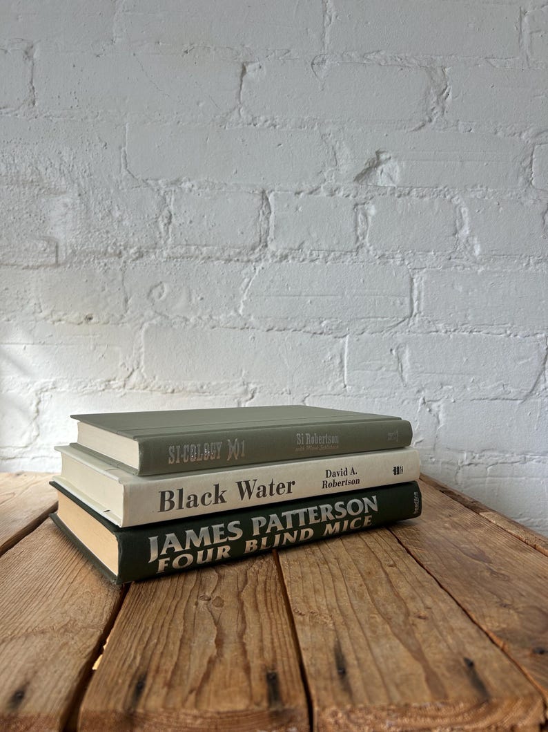 Green ivory book stack for staging, green home accents for bookshelf decor, off white sage aesthetic books for console and buffet decor image 9