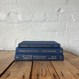 Navy Blue Decorative Book Stack, bookshelf styling idea with blue home decor, blue interior design with dark blue vintage books