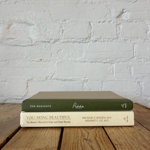 Green ivory book stack for staging, green home accents for bookshelf decor, off white sage aesthetic books for console and buffet decor image 17