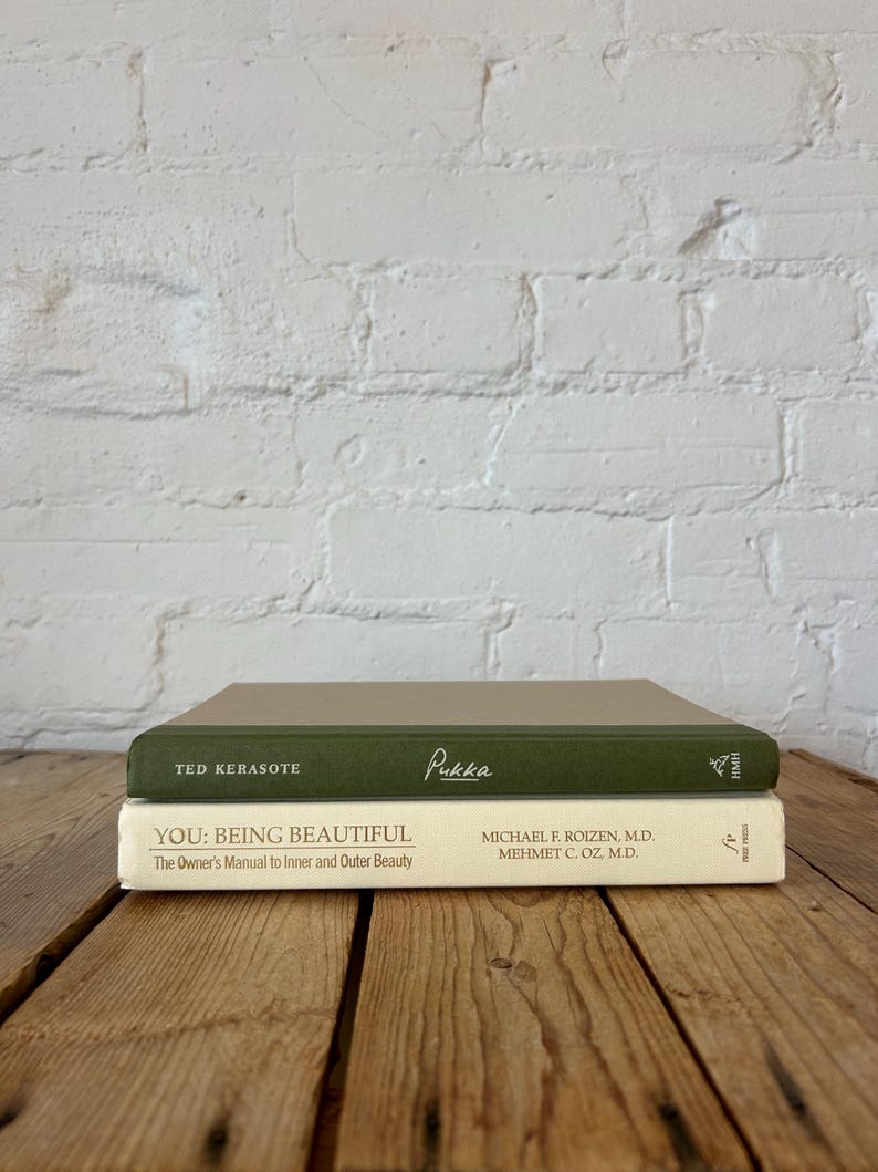 Green ivory book stack for staging, green home accents for bookshelf decor, off white sage aesthetic books for console and buffet decor image 17