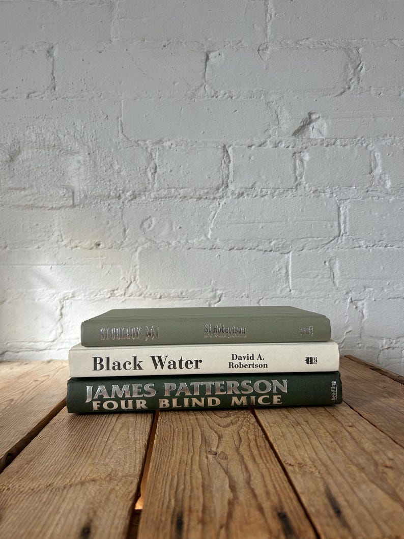 Green ivory book stack for staging, green home accents for bookshelf decor, off white sage aesthetic books for console and buffet decor image 6