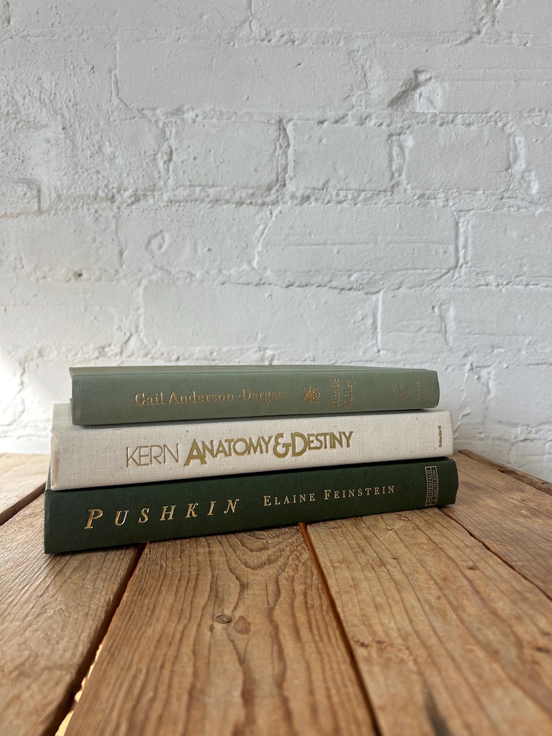 Green ivory book stack for staging, green home accents for bookshelf decor, off white sage aesthetic books for console and buffet decor image 5