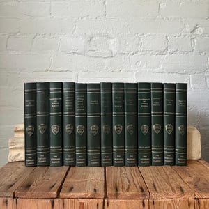 Dark Green set of Harvard books: Vintage green book idea for bookshelf styling, green staging home decor for high end luxury interior design