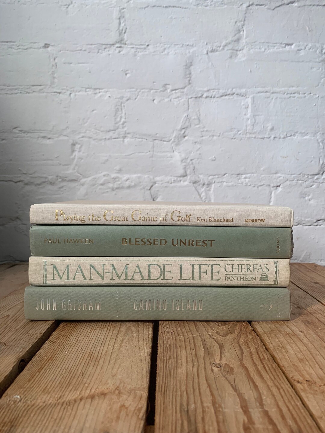 Sage and Ivory Book Stack, Green Book Decor, Decorative Stacked Books, Neutral Bookshelf Decor