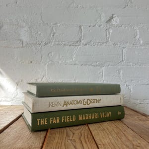 Green ivory book stack for staging, green home accents for bookshelf decor, off white sage aesthetic books for console and buffet decor image 8