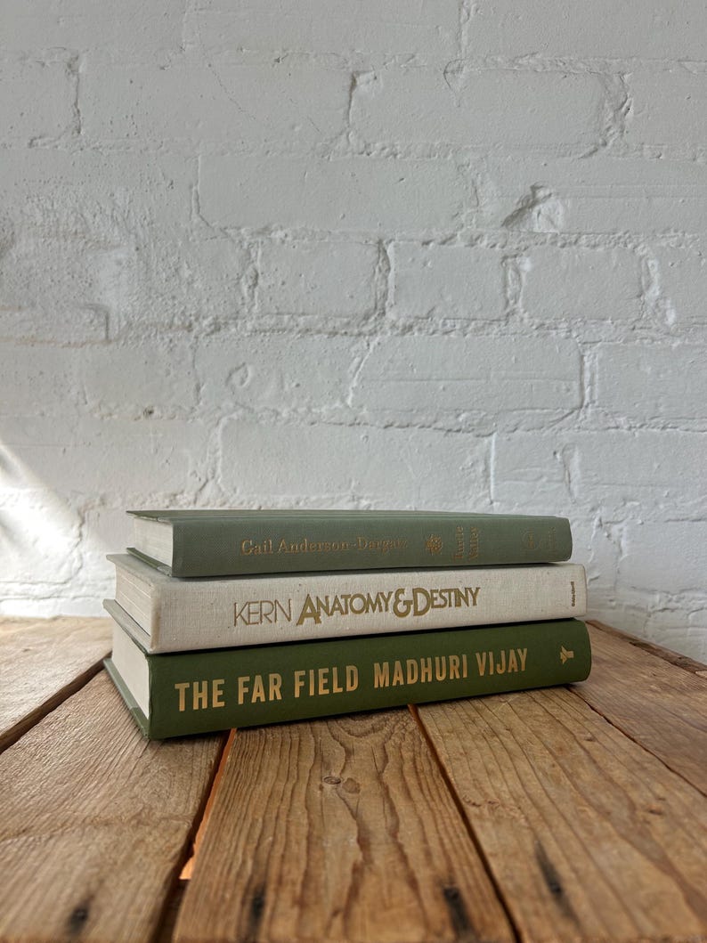 Green ivory book stack for staging, green home accents for bookshelf decor, off white sage aesthetic books for console and buffet decor image 8