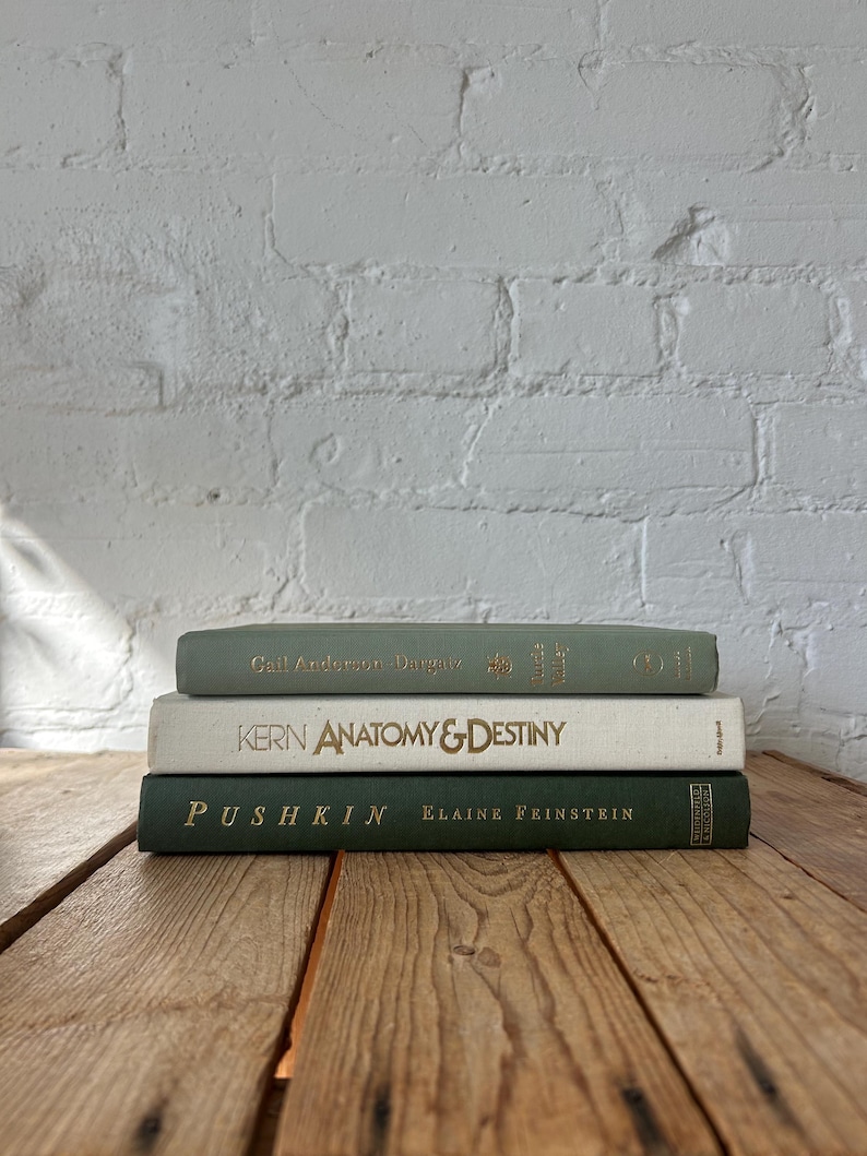 Green ivory book stack for staging, green home accents for bookshelf decor, off white sage aesthetic books for console and buffet decor image 4
