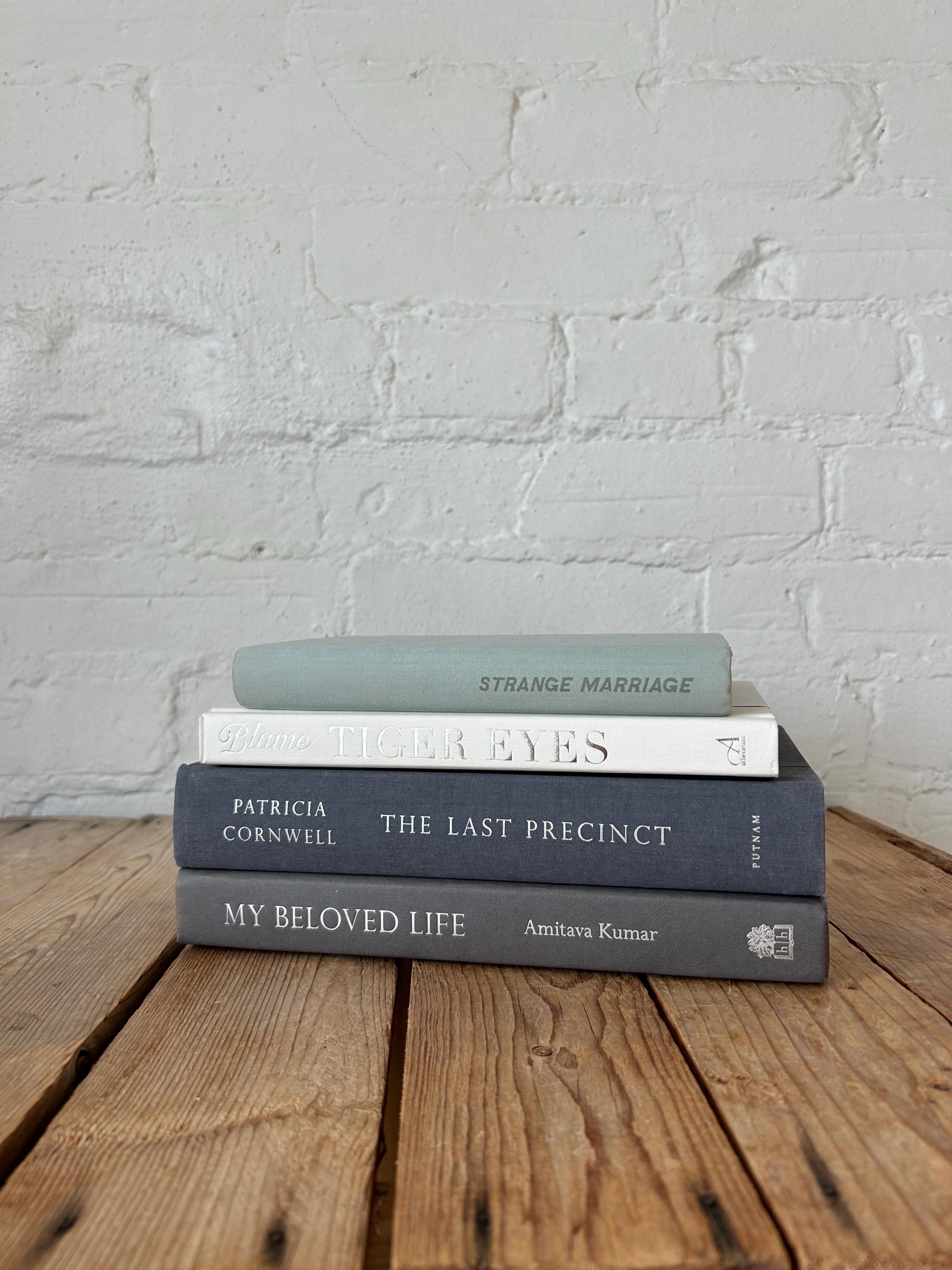 Grey blue white book stack, white and light gray book decor 