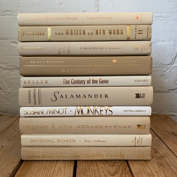 Neutral book stack, decorative neutral book decor, neutral home staging, boho shelf decor, beige and cream prop books, coffee table books