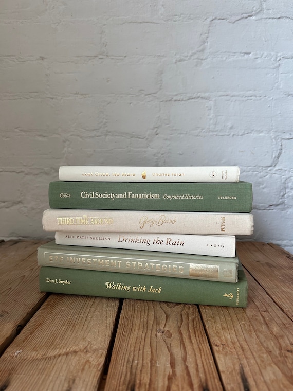 Green ivory book stack for staging, green home accents for bookshelf decor, off white sage aesthetic books for console and buffet decor