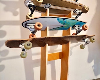 Verticale skateboardhouder voor 4 skateboards, skateboardhanger, steun, meerdere skateboardstandaards, rek voor skaters, houten standaard, cadeau voor skaters