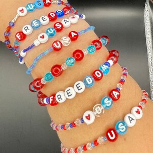 4th of July red white and blue/Beaded bracelet/colorful/Elastic string/Single strand/Handmade