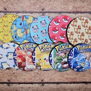 May include: Set of 10 round, colorful, printed beverage coasters featuring Pokemon characters and logos. The coasters are made of a durable material and are perfect for protecting your furniture from spills and scratches.