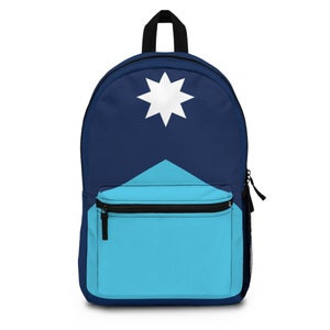 May include: A blue and turquoise backpack with a white star design. The backpack has a front pocket with a zipper.