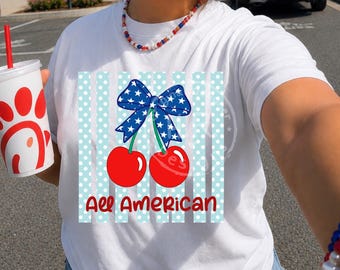 Patriotic Cherry Bow PNG • Fourth of July Coquette Clipart • USA Cherry Design • Red White Blue Summer Sublimation PNG • All American Girl