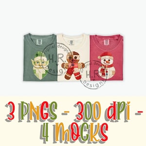 May include: Three t-shirts with Christmas-themed designs. One is green with an elf, one is cream with a gingerbread man, and one is red with a snowman. The text "3 PNGS - 300 dpi - 4 MOCKS" is at the bottom.