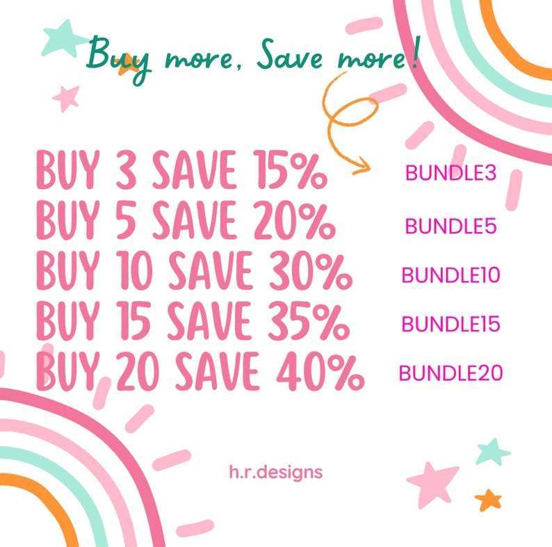 May include: A promotional graphic with text that reads "Buy more, Save more!" and details discounts: Buy 3 Save 15%, Buy 5 Save 20%, Buy 10 Save 30%, Buy 15 Save 35%, Buy 20 Save 40%. Includes "BUNDLE" options and a designer's mark.