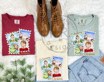 Christmas Nostalgia PNG, Christmas Stamp Design, Santa , Elf and Dog, Holiday Shirt Graphic, Digital Download