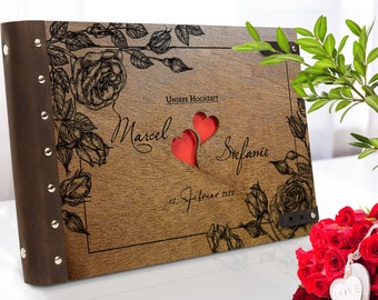 Personalized photo album as a wedding gift or as a souvenir of your own wedding - two hearts design with dark leather binding