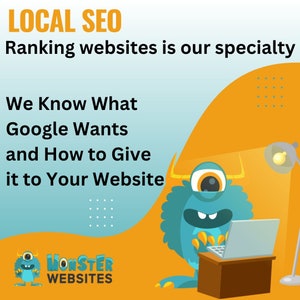 Peut inclure: Un monstre bleu avec un œil et des cornes est assis à un bureau en train d'utiliser un ordinateur portable. Le monstre porte un sourire narquois. Le texte "LOCAL SEO" est en haut de l'image. Le texte "Ranking websites is our specialty" est sous le texte "LOCAL SEO". Le texte "We Know What Google Wants and How to Give it to Your Website" est au milieu de l'image. Le texte "MONSTER WEBSITES" est en bas de l'image.