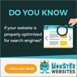 Könnte beinhalten: Eine blaue und weiße Website-Grafik mit einer Lupe und dem Text "WISSEN SIE, ob Ihre Website für Suchmaschinen optimiert ist?" und einem Button mit der Aufschrift "JETZT ERFAHREN". Unter der Grafik befindet sich ein Cartoon-Monster mit dem Text "MONSTER WEBSITES".