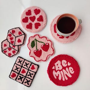 Punch Needle Coaster Set: Handmade Love-Themed Mug Rugs