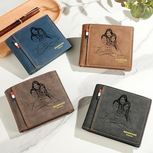 Cartera con foto personalizada para hombre: Cartera de piel sintética personalizada con texto grabado, regalo de cumpleaños para él, esposo, papá o boda.