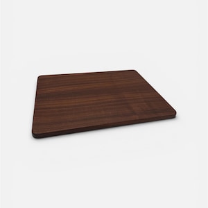 May include: A rectangular, dark brown wooden cutting board with rounded corners. The wood grain is visible, and the board is set against a white background. This kitchen item is suitable for food preparation.