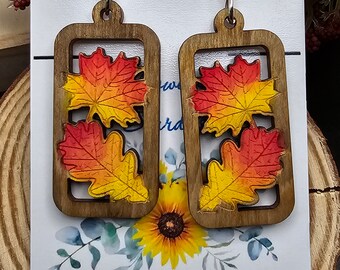 Laser Cut Hand Painted Earrings Autumn Leaves