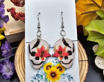 Laser Cut Hand Painted Earrings Skulls and Lilys