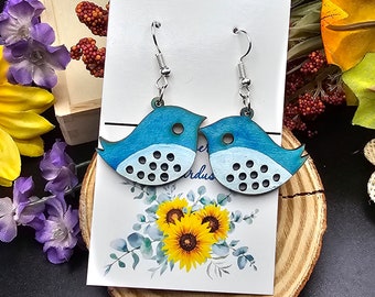 Laser Cut Hand Painted Earrings Bluebird