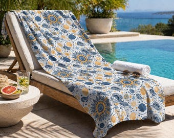 Luxury Resort Pool Towel, Boho Mandala Coastal Beach Towel, Blue Gold Ocean Inspired Towel, Travel Beach Towel, Aesthetic Poolside Towel