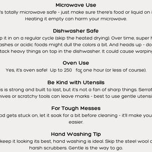 May include: A cream-colored informational card with black text detailing care instructions for a product. The text covers microwave, dishwasher, and oven use, along with utensil and cleaning tips. A logo is in the upper right corner.