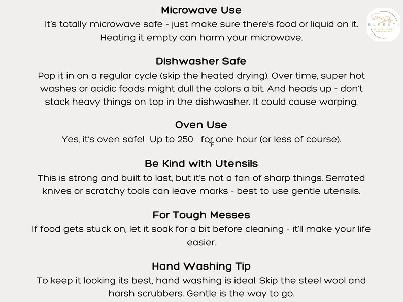 May include: A cream-colored informational card with black text detailing care instructions for a product. The text covers microwave, dishwasher, and oven use, along with utensil and cleaning tips. A logo is in the upper right corner.