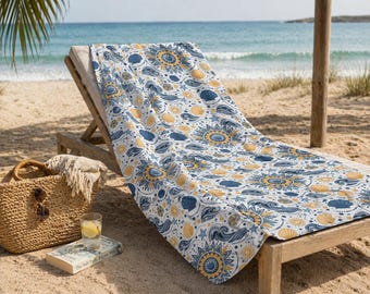 Boho Mandala Beach Towel, Blue Gold Coastal Beach Towel, Seashell Ocean Pattern, Aesthetic Pool Towel, Summer Travel Accessory
