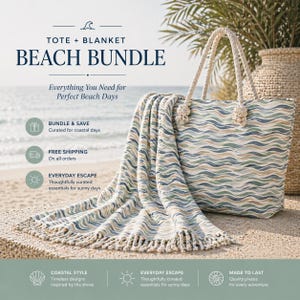 May include: A beach bundle featuring a tote bag and blanket. The tote bag has rope handles and a wave pattern in shades of blue, green, and beige. The blanket has a matching wave pattern and fringe. Text on the image reads "Beach Bundle".