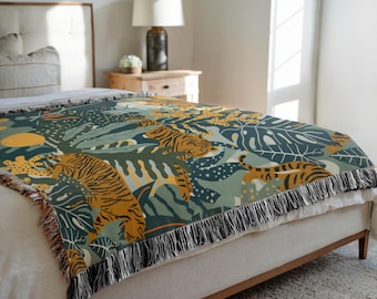 Tiger Woven Cotton Throw Blanket, Jungle Tapestry with Fringe