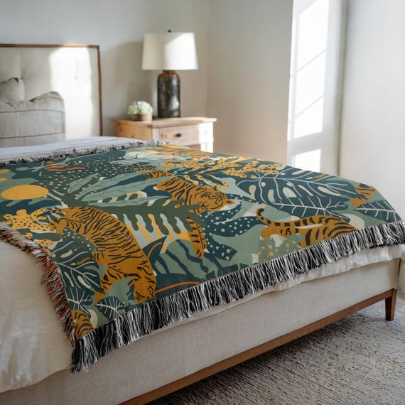 Tiger Woven Cotton Throw Blanket, Jungle Tapestry with Fringe