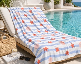 Starfish Seashell Beach Towel, Coastal Blue Stripe Pool Towel 30x60, Nautical Summer Towel, Beach House Decor, Ocean Inspired Gift