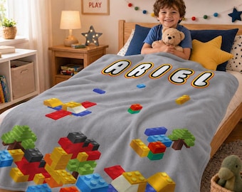 Personalized Building Blocks Blanket, Custom Name Kids Blanket, Toddler Blanket, Baby Boy Gift, Colorful Plush Blanket, Kids Name Blanket