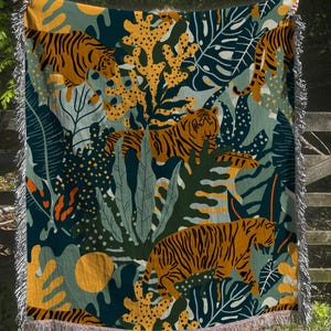 Tiger Woven Cotton Throw Blanket, Jungle Tapestry with Fringe image 4