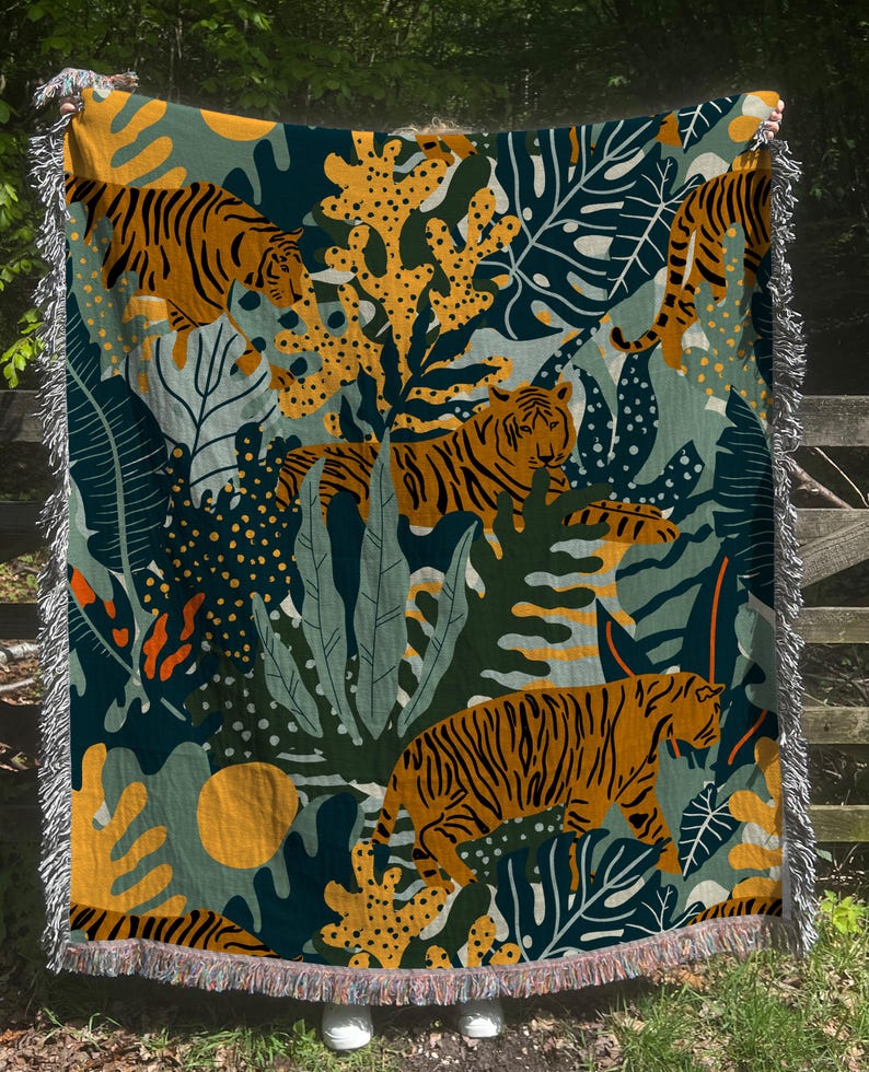 Tiger Woven Cotton Throw Blanket, Jungle Tapestry with Fringe image 4